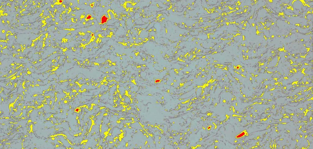 100 µm Obrázek 3.22: Stanovení množství oxidů a pórovitosti povlaku NiCrAl na nerezovém podkladu, zvětšení 100. Póry jsou znázorněny červenou barvou, oxidy žlutou.