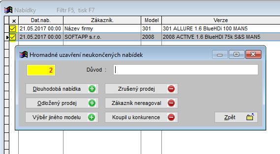 - Je nutné vyplit důvod uzavření a vybrat kategorii buďto úspěšnou nebo neúspěšnou. Tím se uzavření uloží. - Ve žlutém poli se zobrazí počet označených nabídek, pro které bude dané uzavření platit.