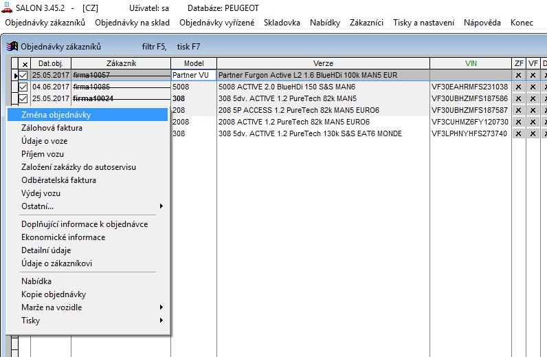 Postup pro vytvoření objednávky je následující: 1) V okně skladovek se na dané vozidlo klikne pravým tlačítkem myši 2) Objeví se plovoucí menu, ve kterém se zvolí funkce Přesun do objednávek 3)