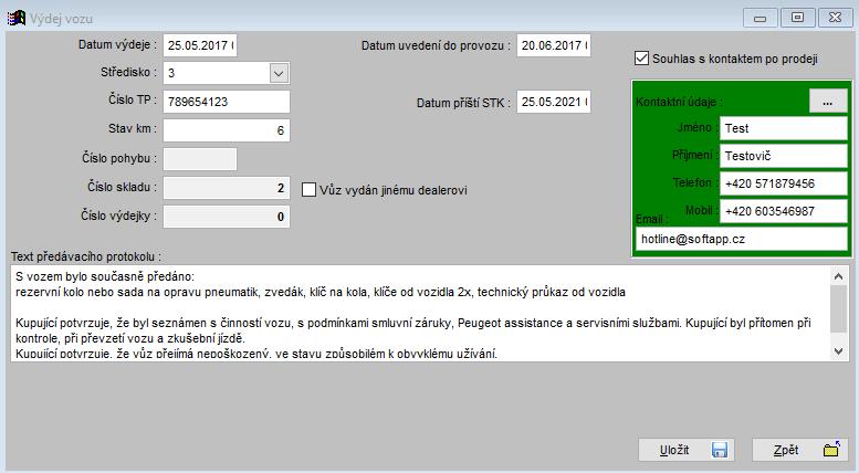 - Význam jednotlivých položek: Datum výdeje program nabízí aktuální datum. Datum uvedení do provozu u DEMO vozů může být odlišný.