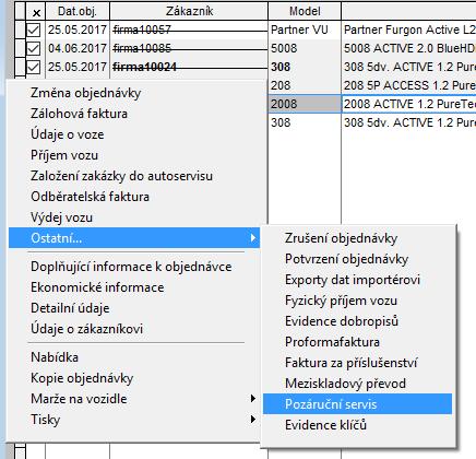 Obrázek Do formuláře pro servisní smlouvy se uživatel dostane pomocí dvou možných cest: 1) Pomocí plovoucího menu přes pravý klik na objednávku na zákazníka v okně Objednávky na zákazníka se označí