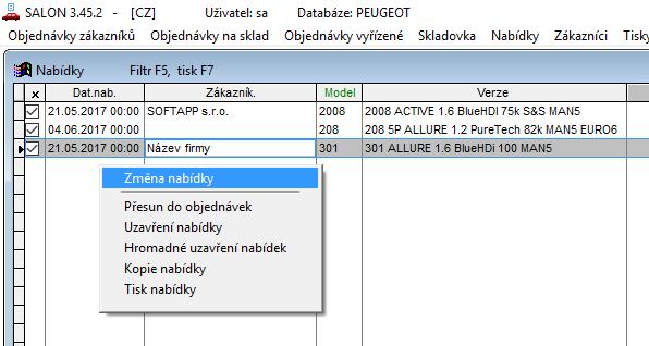 3) Následně se zobrazí nová nabídka s hodnotami existující objednávky 4) Nabídka je připravena na potřebné úpravy a uložení - tímto způsobem se dělá nabídka aut na skladě, jen se vloží zákazník