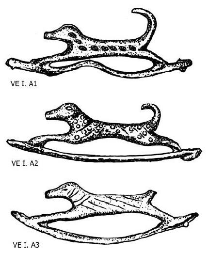 Držadlo s motivem lidské postavy Východoevropská držadla Skupina 1 stylizovaný pes (VE I) - Tato skupina je obdobou středoevropských klasických držadel s motive psa, rozdílná jsou svým stylizovaným