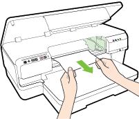b. Jestliže papír zůstal uvnitř tiskárny, přesvědčte se, že je vozík posunut na pravou stranu tiskárny, uvolněte jakékoli zbytky papíru nebo pomačkaný papír a vytáhněte jej směrem k