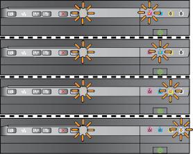 Popis kontrolek/schémata kontrolek Kontrolka Napájení svítí, kontrolka Výstraha bliká a kontrolky inkoustových kazet blikají jedna za druhou zleva doprava.