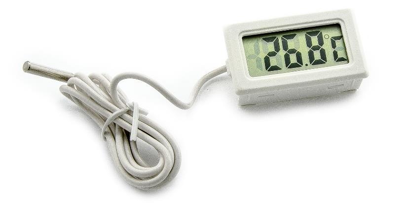 Ke kontrole teploty byl použit digitální teploměr s LCD displejem (obr. 5.2.2), který má rozsah teplot od -50 C do 110 C. Pomocí sondy lze kontrolovat teplotu na povrchu horní elektrody. Obr. 5.2.2 Bílý LCD teploměr [12] Dalším způsobem je pomocí topné folie, která je přiložena na spodní straně nádoby.