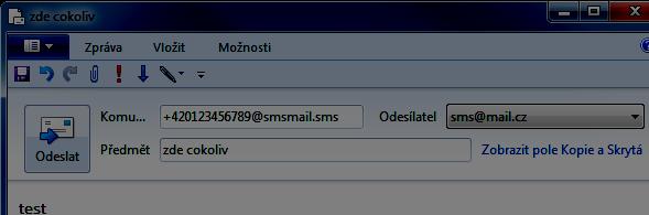 Posílání a příjem SMS zpráv mailovým klientem Odesílání: SMS pište jako běžný e-mail. Doporučujeme, aby délka nepřesáhla délku 1 SMS zprávy.
