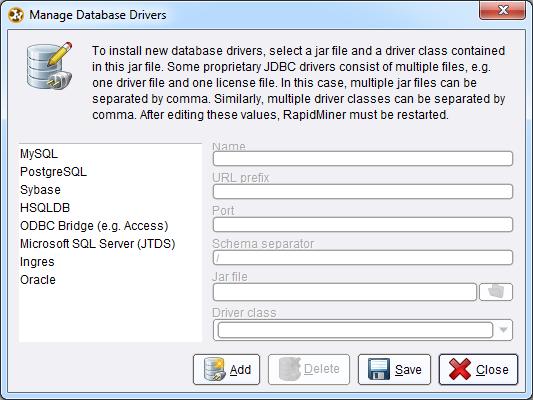 Obrázek 5.3, který je uveden níže, zobrazuje databázové možnosti RapidMineru. V základu jsou podporovány databáze MySQL, PostgreSQL, Sybase, HSQLDB, ODBC Bridge, Microsoft SQL Server, Ingres a Oracle.