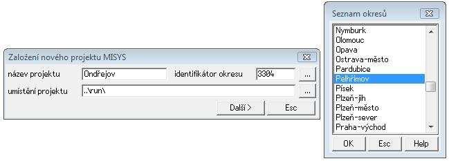 Dále se zadá identifikátor okresu (buď přímo jeho číslo nebo pomocí tlačítka se zvolí v dialogu Seznam okresů). Poslední položkou je umístění referenčního souboru s příponou.ref (obvykle adresář run).