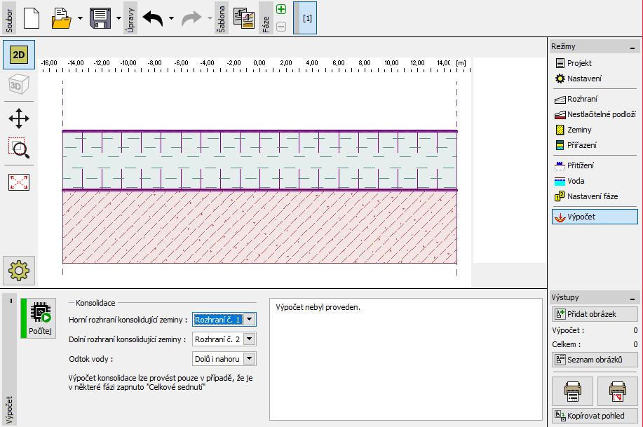 První fáze výpočtu představuje určení původní geostatické napjatosti v počátečním čase výstavby. V rámu Výpočet je nutné zadat základní okrajové podmínky pro výpočet konsolidace v dalších fázích.