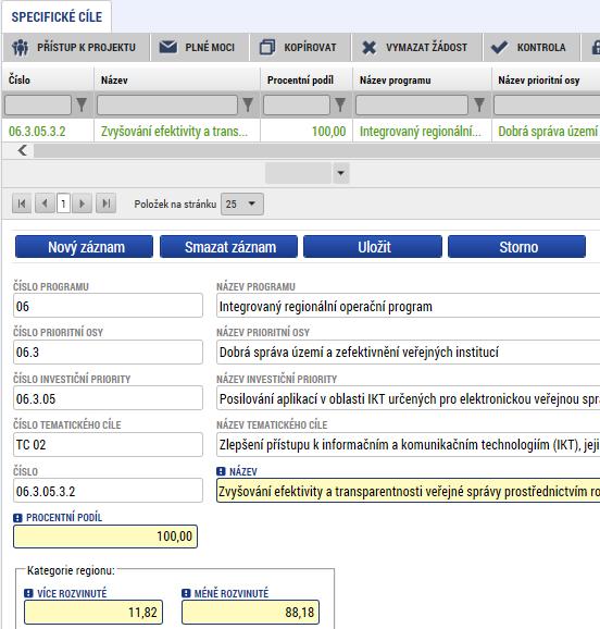 3. Problém s rozpadem financování u projektů podaných do výzev s více kategoriemi regionů V případě, že je vyplňována projektová žádost do výzvy, u které je zadáno ze strany Řídícího orgánu více
