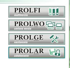 PROLAR archivácia/obnova údajov Systém PROLUC obsahuje zdarma dodávaný archivačný modul PROLAR, ktorý jednoduchým spôsobom zabezpečuje prenos údajov na iné záznamové médium (USB kľúče, USB disky,