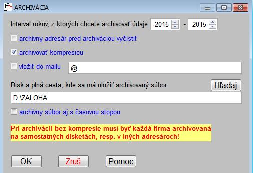 ..) < archivovať s kompresiou > škrtnuté - doporučujeme nastaviť - archivácia bude vykonávaná kompresiou nastaveným kompresným formátom (zvoleným kompresným programom).