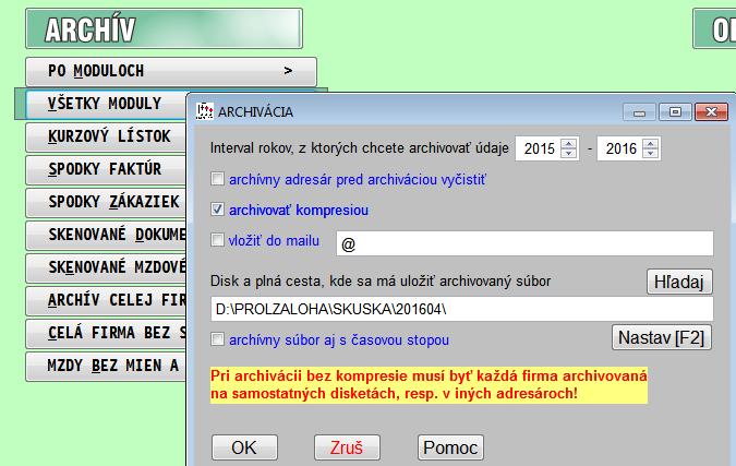 Doporučený spôsob archivácie do predvoleného adresára Postup: Pripojte externé zariadenia na zálohovanie (externý HDD, externé USB) Prejdite do modulu PROLAR a v časti ARCHÍV zvoľte ponuku VŠETKY
