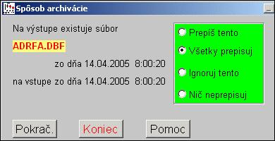 kompresie a pri archivácii VŠETKY MODULY, program upozorňuje na už prenášaný (archivovaný súbor). Preto vyzve užívateľa na potvrdenie ďalšieho postupu.