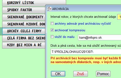 Funkcia vykonáva archív VŠETKÝCH zapísaných a potrebných údajov za všetky roky. Je teda vhodná na efektívnu zálohu skutočne všetkých údajov za nastavenú firmu.