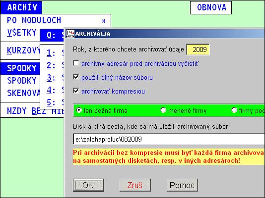 Poznámka 1: Je možné archivovať len podľa druhov dokladov ale táto možnosť bola daná len pre zákazníkov, ktorí v každej evidencii vystavujú extrémne veľký počet dokladov.