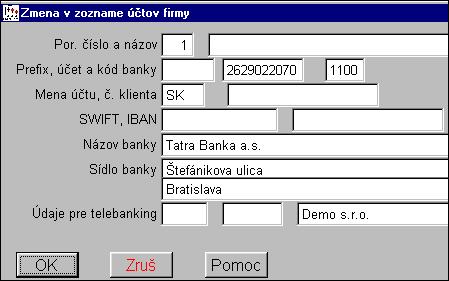 Účty firmy Uvedená časť slúži na zadanie firemných účtov, ktoré sa potom prenášajú na tlačové zostavy ako napr. faktúry, prevodové príkazy, upomienky a pod.