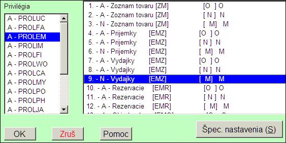 opravy, mazanie, toto nastavujeme pre zvolený modul v druhom okne.