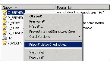 Ak inštalujete na serverový disk, tento disk musí mať nastavené zdieľanie s PLNÝM PRÍSTUPOM! Príklad mapovania disku na písmeno v operačnom systéme.