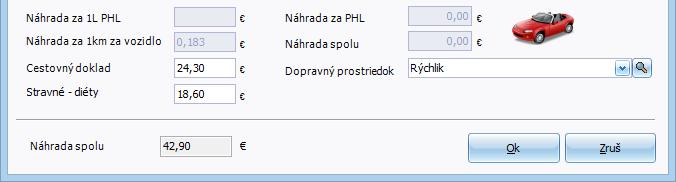 9 PRÍKLADY 107 Stravné (diéty) za služobnú cestu zadajte do boxu Stravné - diéty vo výške, ktorá zodpovedá zákonu o cestovných náhradách MPSVR č. 110/2009 Z. z. v aktuálnom znení Pracovná cesta trvala 2 pracovné dni, stravné za jeden deň pracovnej cesty je 9,30 eura.