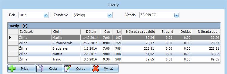 5 EVIDENCIE 55 5.1 JAZDY Jazdy slúžia na evidovanie jázd motorového vozidla používaného pri vykonávaní znaleckej činnosti, tlmočníckej činnosti alebo prekladateľskej činnosti.
