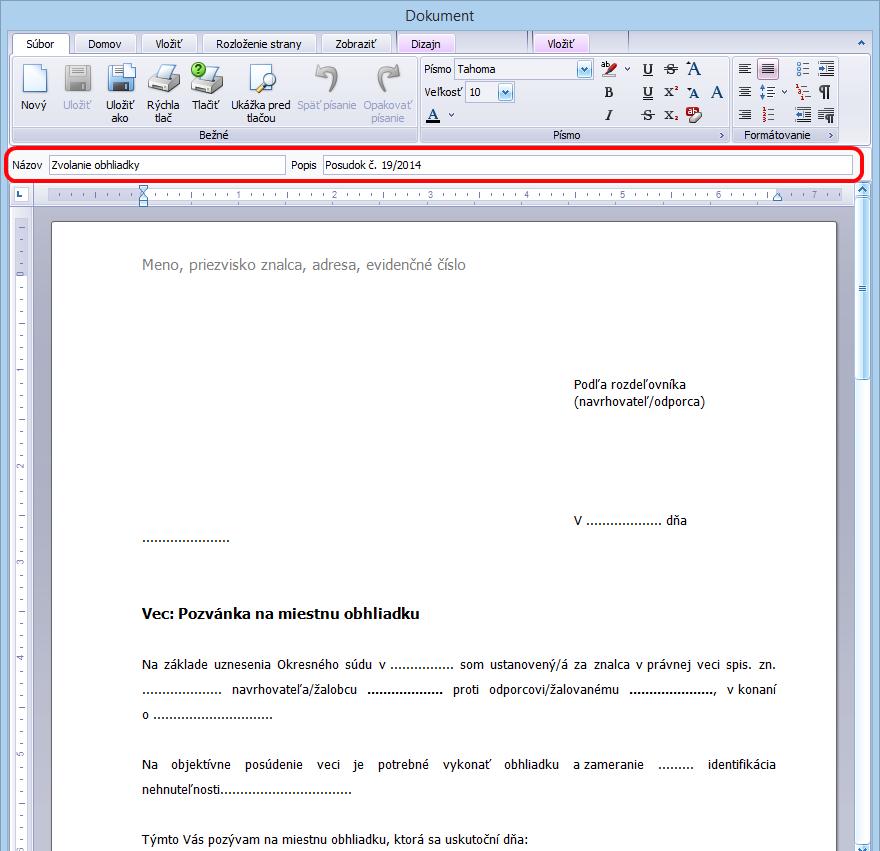 5 EVIDENCIE 61 5 V hornej časti je potrebné do hlavičky uviesť meno, adresu a evidenčné číslo znalca. Ostatné údaje je potrebné doplniť na miesta označené bodkami.