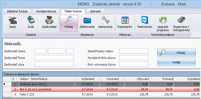 7 ĎALŠIE FUNKCIE PROGRAMU MEMO 73 Po zadaní požiadaviek na vyhľadávanie a stlačení tlačidla Hľadaj