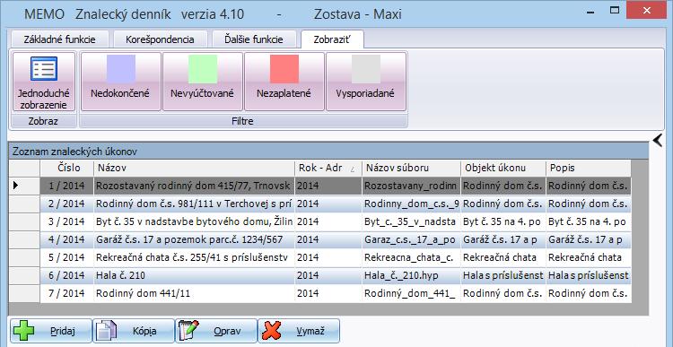 74 MEMO ZNALECKÝ DENNÍK A VYÚČTOVANIE 7.3 ZOBRAZOVANIE Úkony v znaleckom denníku si môžete dať zobraziť podľa vlastných predstáv, napr. veľké riadky, farbné odlíšenie, bez vyúčtovania atď.