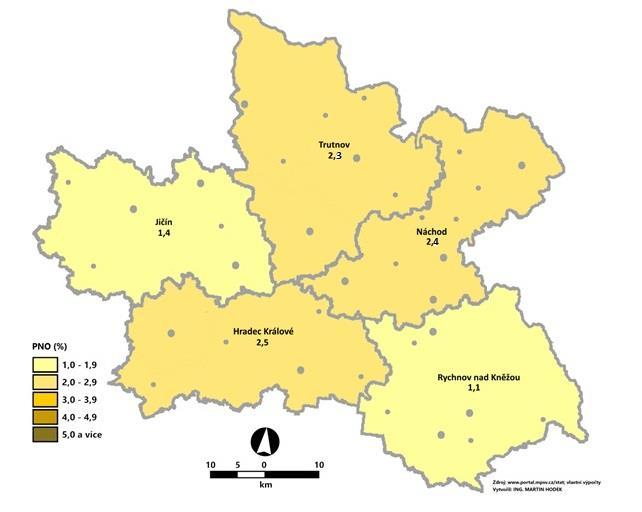 3. MAPA Podíl nezaměstnaných v okresech kraje (mapa kraje) PODÍL