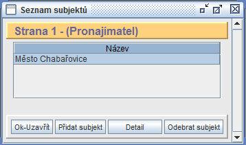 Pořízení nové smlouvy Název smlouvy 17 - povinný údaj, je možné použít libovolný popis. Doplnění smluvních stran Pozn.: Před výběrem smluvních subjektů se smlouva uloží.