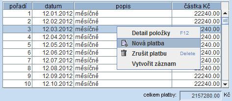 výběrem nabídky Nová platba z menu na pravém tlačítku myši.