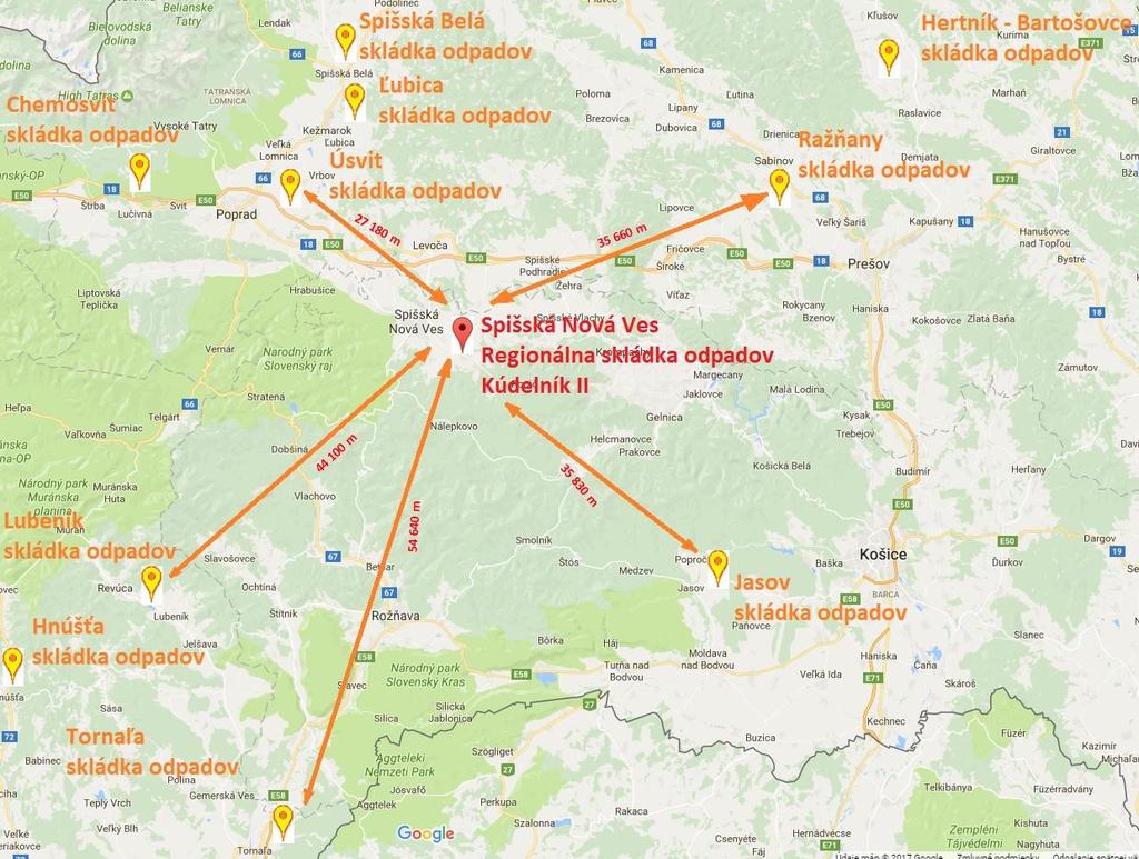 Obrázok č.2: Situácia skládok v okolí V tabuľka č.