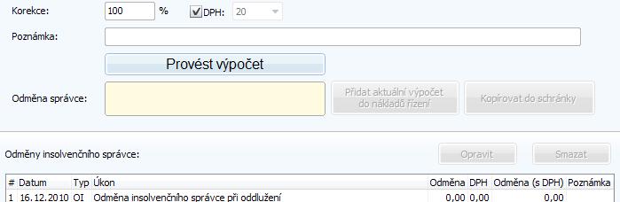 Insolvenční správce Výpočet odměny Korekce Zadává se zde procentuální část odměny, na kterou má správce nárok po různých typech korekcí (). Defaultně je v poli nastavena korekce 00%.