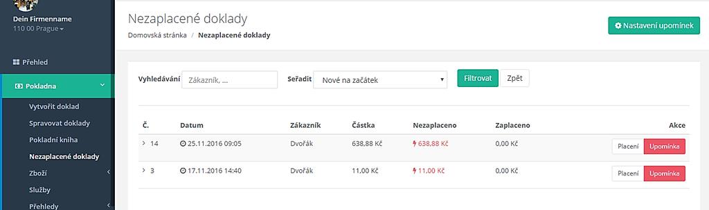 5. NEZAPLACENÉ DOKLADY V sekci Nezaplacené doklady jsou automaticky ukládány doklady, u kterých zvolíte jako možnost platby Otevřený účet (bezhotovostní). 5.1.