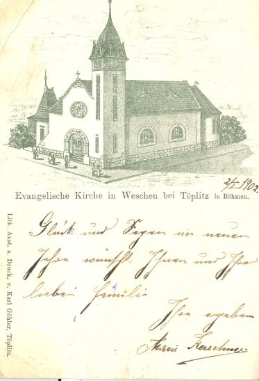 požehnání v novém roce přeje nejen Vám ale i Vaší milé rodině stále oddaná Marie Kerschner"? Vypadá to, že tento pohled byl vytištěn dříve, než byl samotný kostel postaven.