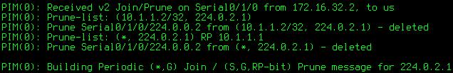 Obrázek 13: Příjem PRUNE zprávy na R1 4.7.2 PIM DM Při této konfiguraci R1 nejprve propustil data směrem ke klientovi přes R2, R2 však nepožadoval data a tak zaslal PRUNE zprávu.