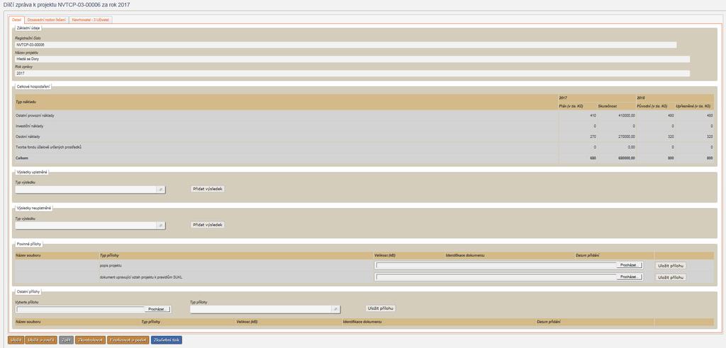 6 Řešitel či jím pověřená osoba (spoluřešitel tuto kartu nevidí) na kartě Detail vyplní všechny uplatněné a neuplatněné výsledky, a to výběrem