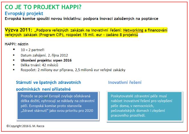 Obrázek 5: Projekt HAPPI v kostce UniTo (odpovědný vědecký pracovník Prof. Gabriella M.