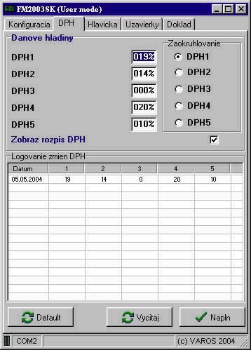 Zmena hladín DPH Nastavenie hodnôt DPH pre jednotlivé hladiny v FM3000 Určenie, do ktorej hladiny DPH sa zaraďuje zaokrúhlenie dokladu Zakázanie / Povolenie zobrazovania rozpisu DPH v dokladoch