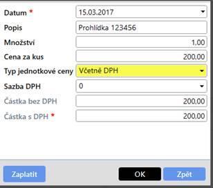 varianta Platba kliknu na tlačítko Platba a poté zvolím zelené plus otevře se následující okno, kde se uvede popis úkonu (tento popis pak vidíte pouze