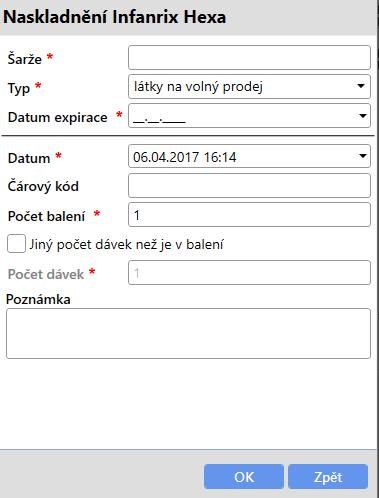 Poté, co je založená karta očkovací látky, je možné zadávat její jednotlivá balení kliknutím na tlačítko Naskladnit nová šarže. Objeví se okno pro zadávání nového balení očkovací látky.