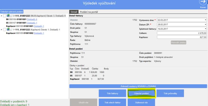 Vytvoří se F-dávka i K-dávka, zobrazí se kolik je nevyúčtovaných výkonů, číslo faktury aj. Stačí pak kliknout na Uložit vše.