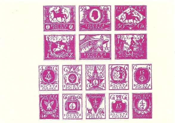 Vítězné návrhy známek s novou valutou z konkursu z r.1921 ve dvou barevných variantách.