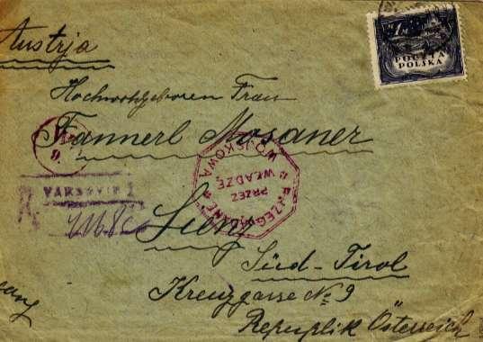 1919. Platný taryf 50 fen.za zahraniční zásilku do 20g.