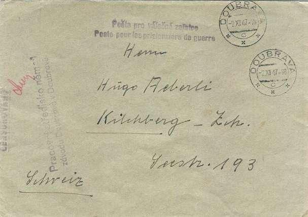- 9 - Pošta pro německé válečné zajatce nasazené pracovně na doly v OKD. Zásilka je poslaná do Švýcarska v prosinci 1947.