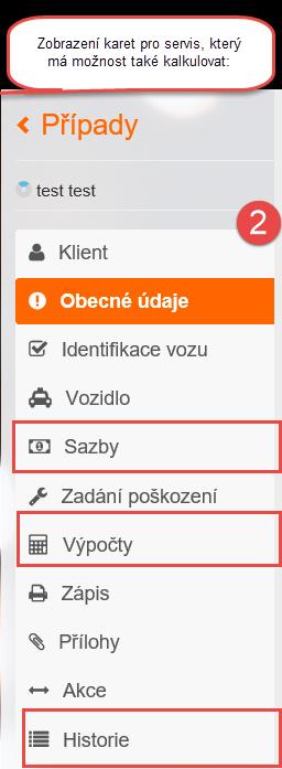 typ servisu má k dispozici navíc karty: Sazby, Výpočty, Historie.