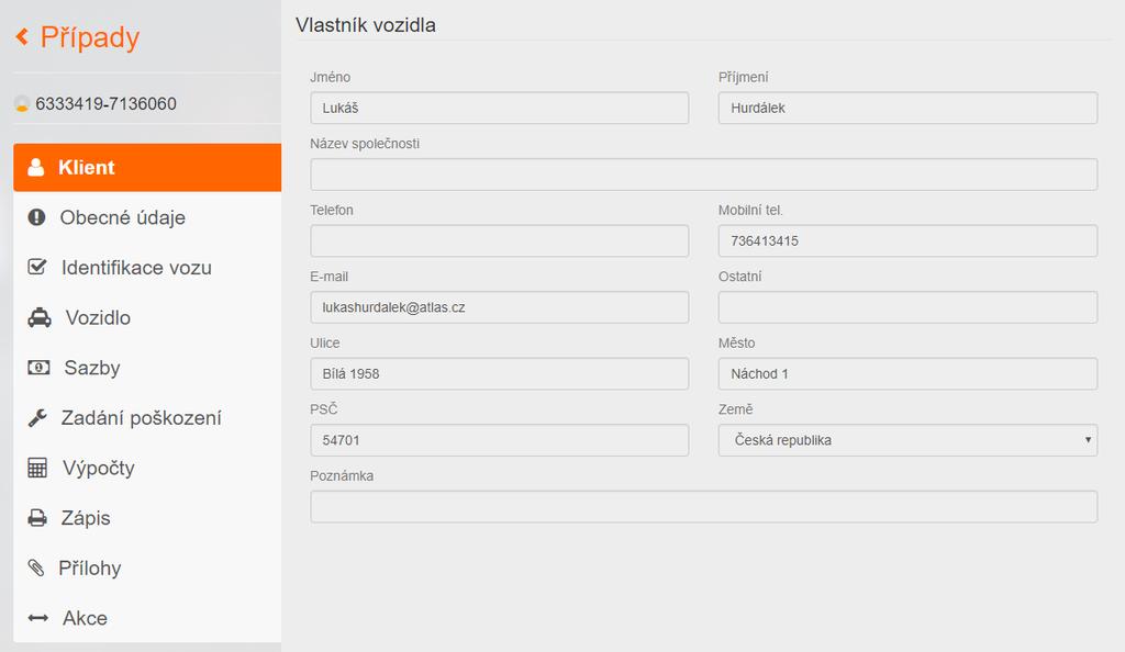 Karta Klient Případ, který byl vyžadán od pojistovny a je součástí komunikace má odlišné nastavení od případu, který servis umí založit sam.