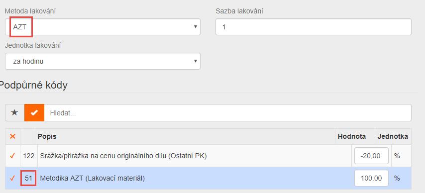 lakování. Pokud tak učiníte, automaticky se Vám změní zvolené PK v sekci Podpůrné kódy dole.