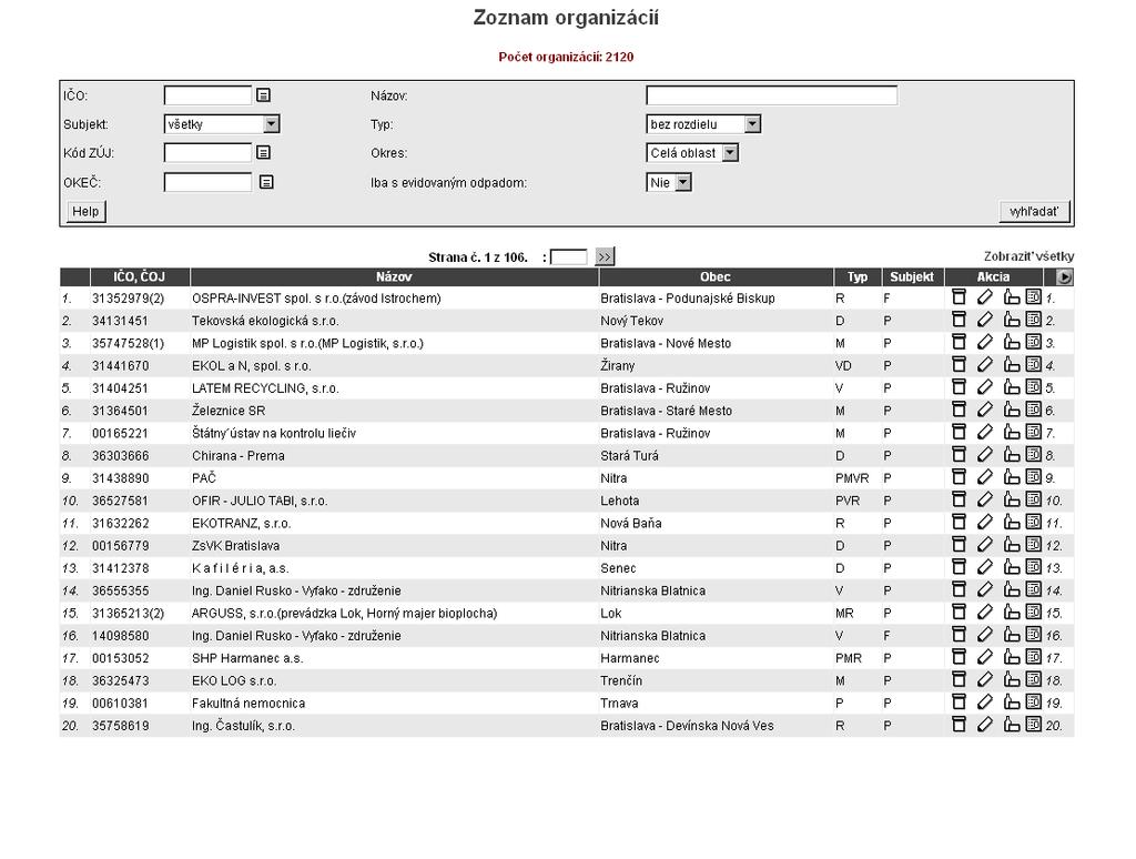 Obrázok 6: Zoznam organizácií Po výbere organizácie kliknutím na tlačidlo editácia sa zobrazí jeden formulár, kde sú uvedené všetky údaje o
